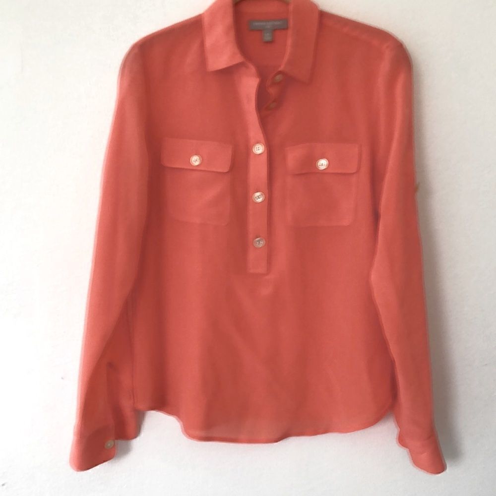 Banana Republic XS Apricot/Dark Peach 1/4 Button100% Silk L/S  Shirt Blouse
